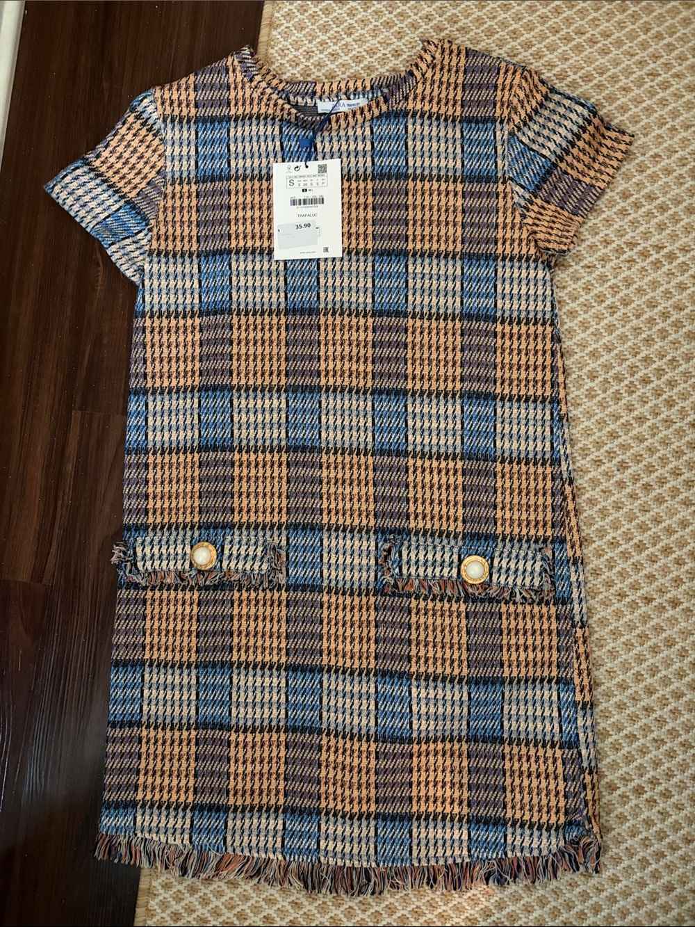Zara Multicolor Plaid Tweed Top in Blue & Tan